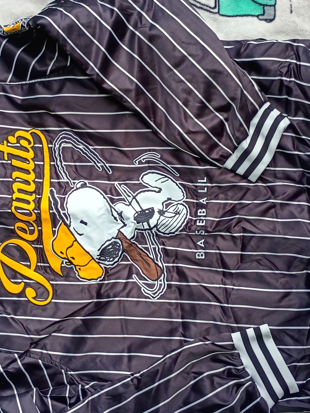 Peanuts Men's Black Striped Baseball Jacket with Snoopy Graphic 2XL